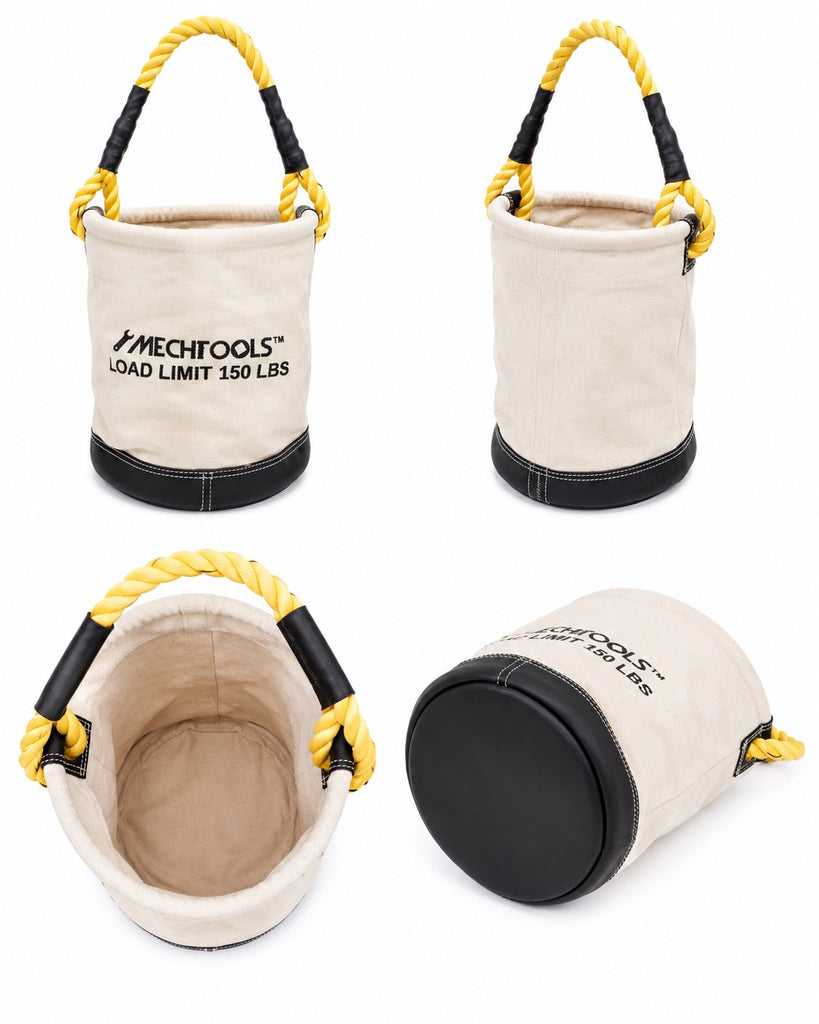 MECHTOOLS Canvas Bucket Tool Bag with Rope Handle, Heavy Duty Tool Tote with Synthetic Leather Bottom, 150 LBS Load Capacity