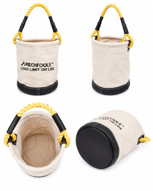 MECHTOOLS Canvas Bucket Tool Bag with Rope Handle, Heavy Duty Tool Tote with Synthetic Leather Bottom, 150 LBS Load Capacity