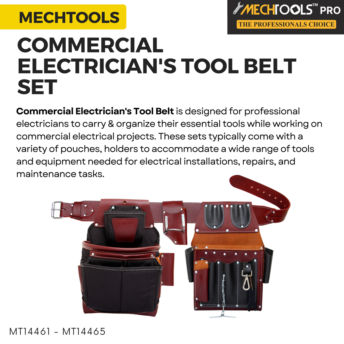 Commercial Electrician's Tool Belt Set – Heavy-Duty Leather Work Belt with Multiple Tool Pockets - (MT14461-MT14465)