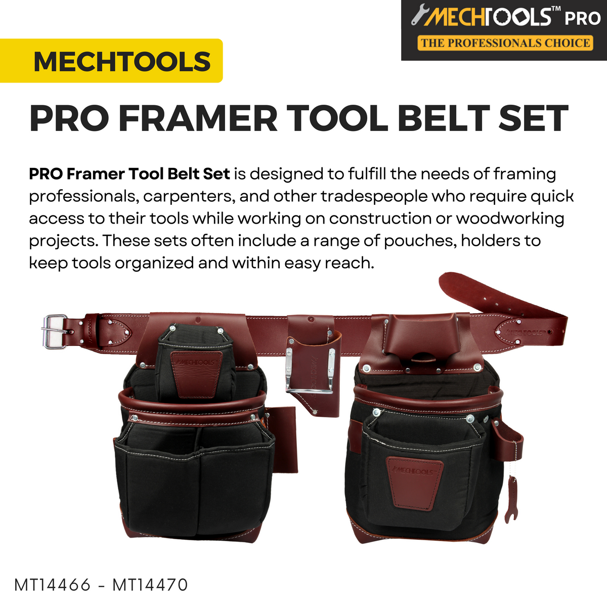 PRO Framer Tool Belt Set – Heavy-Duty Leather Work Gear for Carpenters & Framers - (MT14466-MT14470)