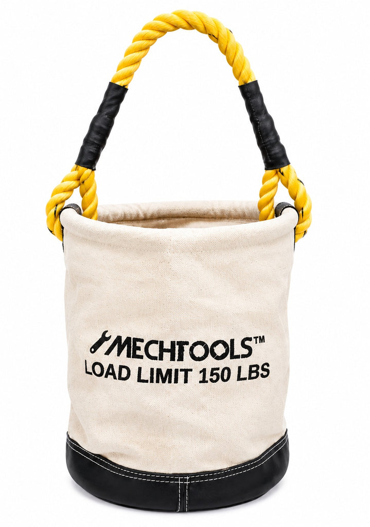 MECHTOOLS Canvas Bucket Tool Bag with Rope Handle, Heavy Duty Tool Tote with Synthetic Leather Bottom, 150 LBS Load Capacity