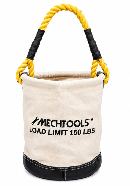 MECHTOOLS Canvas Bucket Tool Bag with Rope Handle, Heavy Duty Tool Tote with Synthetic Leather Bottom, 150 LBS Load Capacity